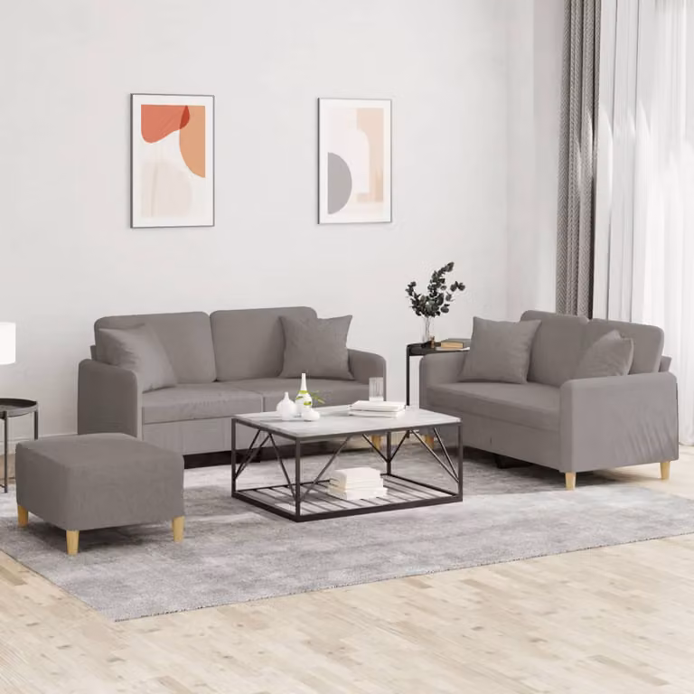 Set di divani da soggiorno vidaXL in tessuto beige e grigio con cuscini e struttura in legno e metallo in stile moderno