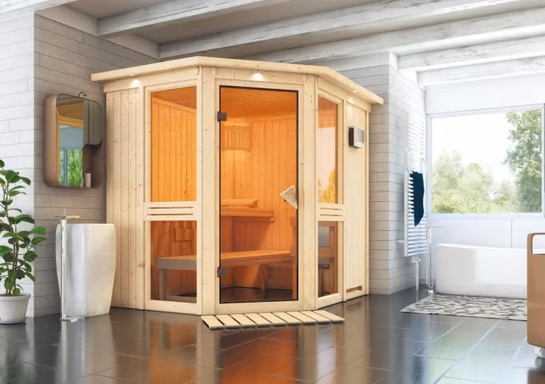 Karibu sauna cabina interna Amelia sauna interna 2 panche in legno con finitura naturale Cabina sauna spessore parete: 68 mm Sauna a infrarossi