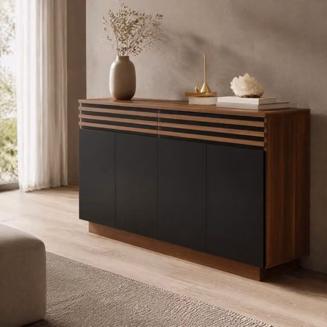 Credenza moderna Mivray con 4 ante e 2 cassetti in MDF nero e marrone per sala da pranzo, L/P/H: 150 x 40 x 85 cm