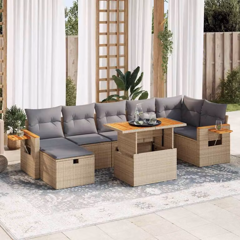 Set Divano da Giardino vidaXL 5 pz in Polyrattan e Legno di Acacia con Cuscini Beige e Grigio
