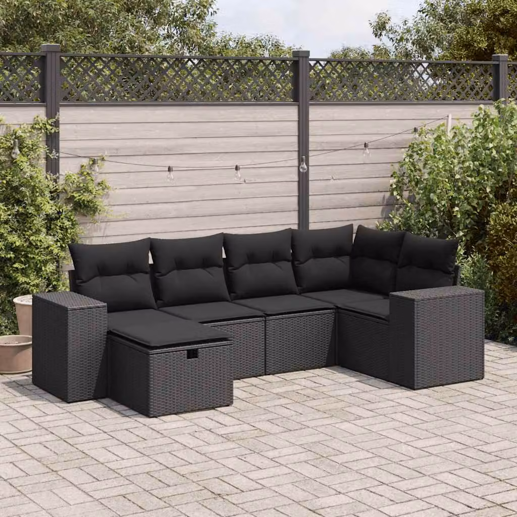 Set Divano da Giardino a L vidaXL in Polyrattan Nero con Cuscini e Ottoman, 6 Pezzi