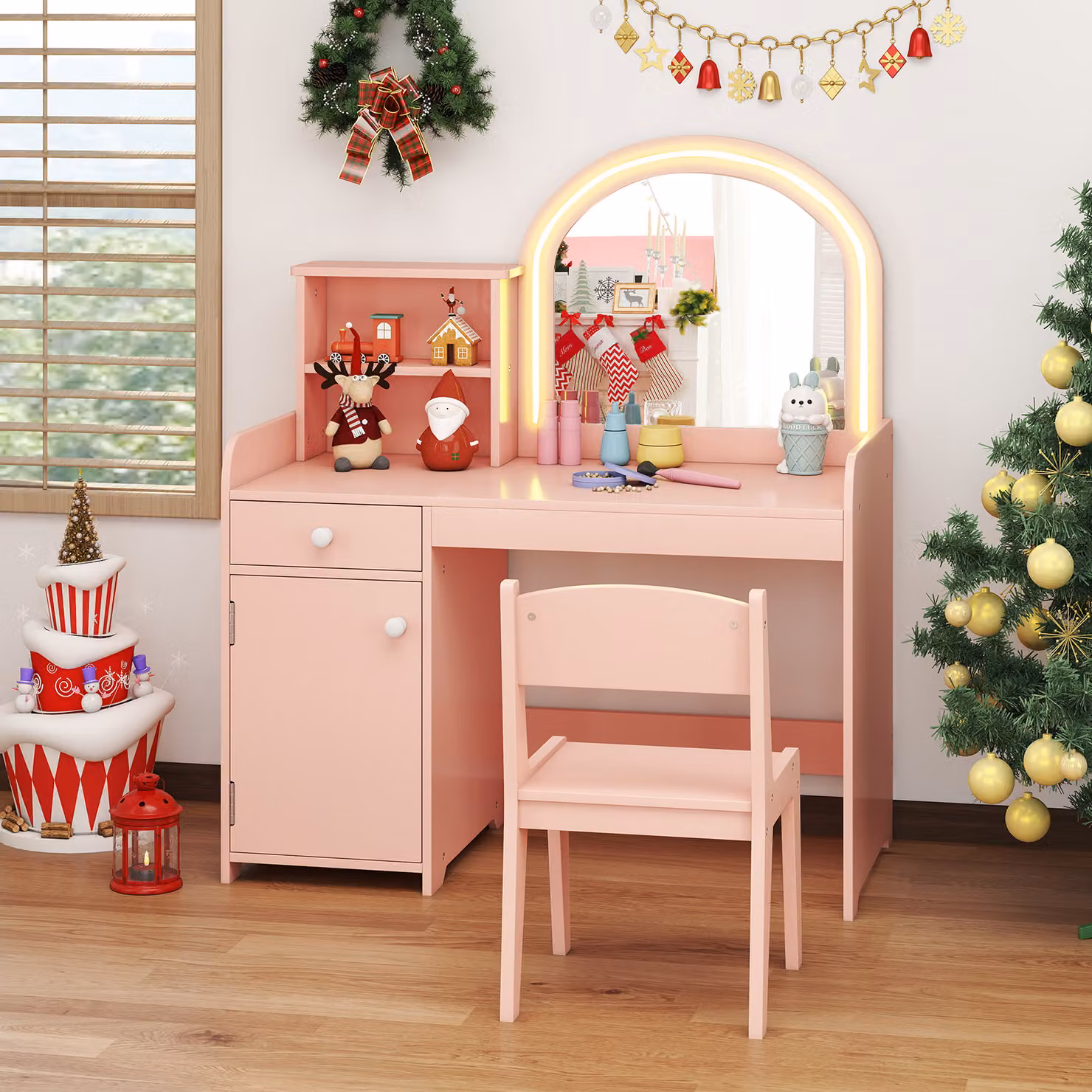Set tavolo da trucco Costway per bambini in legno con sedia, mensole, cassetto e luci LED, colore rosa