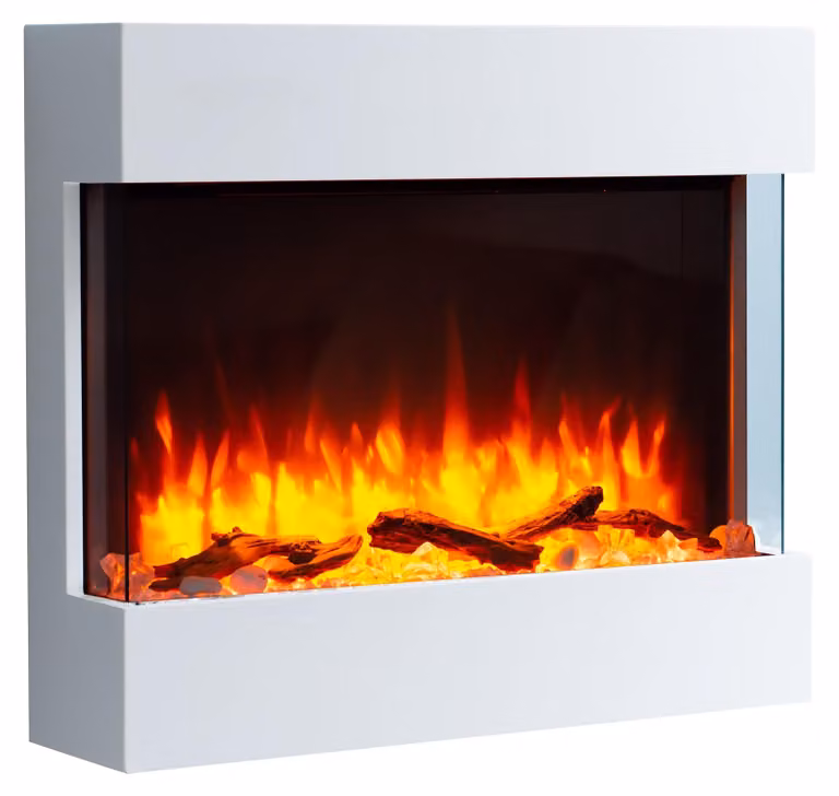 Camino elettrico da parete, 2000 W - Vetro bianco - Design moderno ed elegante - Effetto fiamma 3D con LED