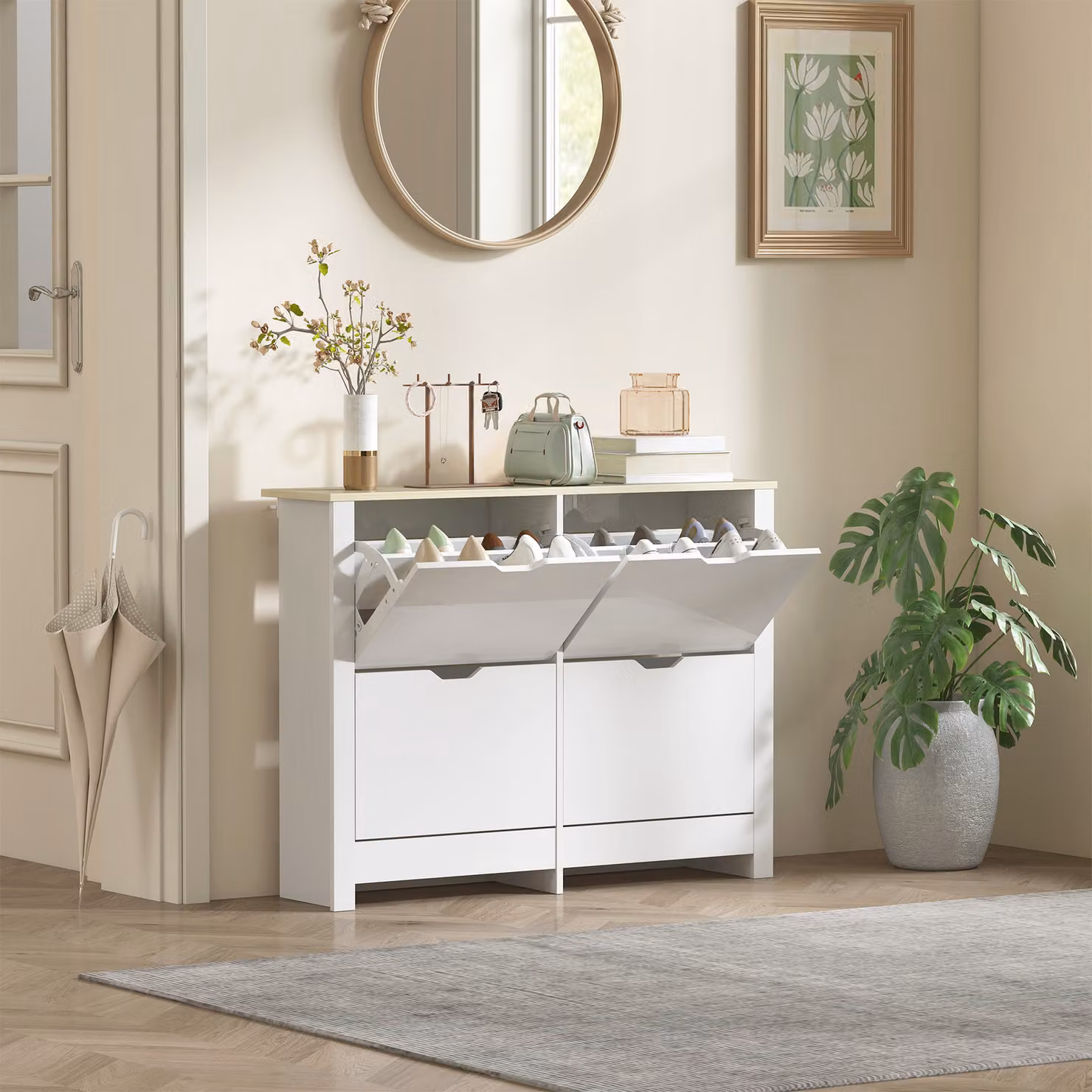Scarpiera stretta HOMCOM con 4 scomparti ribaltabili per 8-16 paia di scarpe, Bianco e Beige, L: 105 cm, P: 26 cm, H: 80 cm – 2