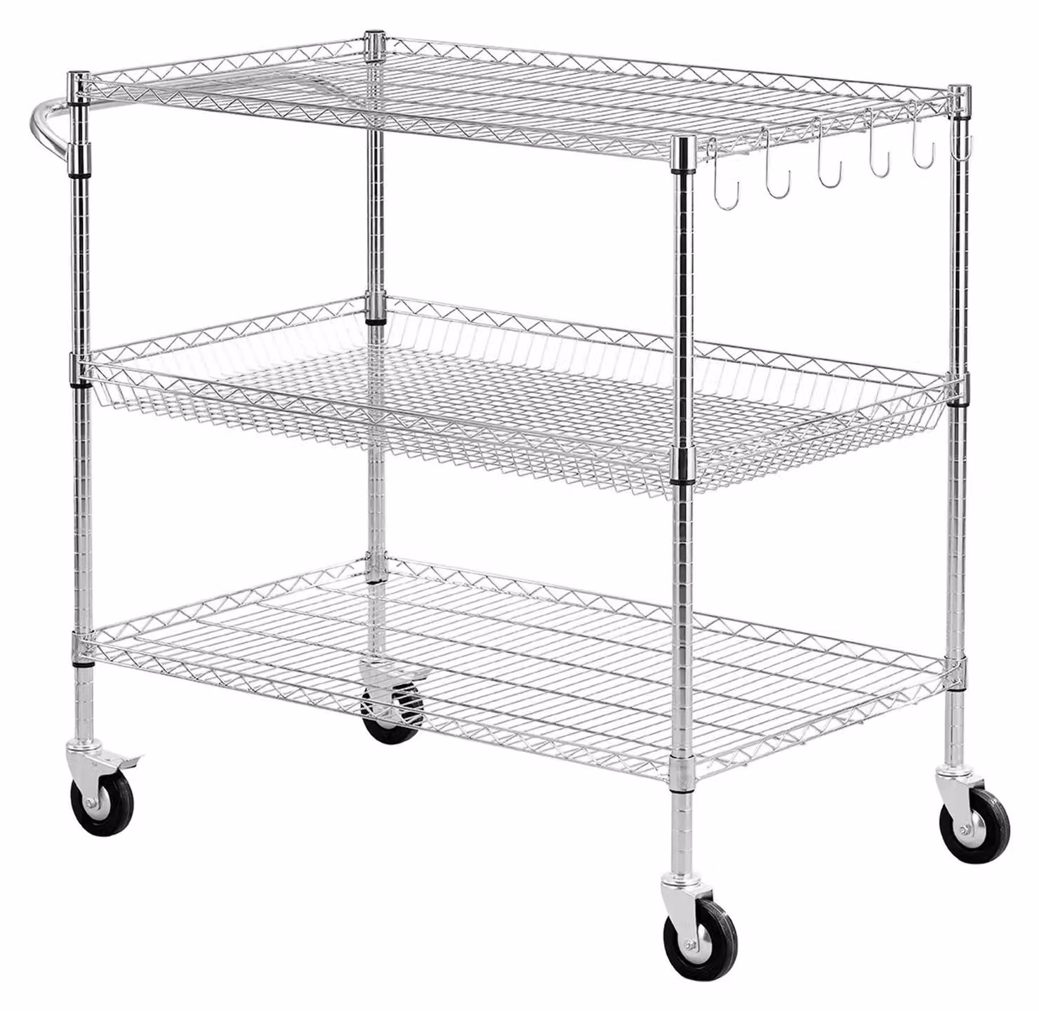 Carrello multiuso per la cucina, scaffalatura robusta regolabile a 3 livelli, carrello di servizio mobile in acciaio per uso commerciale, tavolo da lavoro con maniglia, ideale per garage e lavanderia, dimensioni 102x63x104 cm