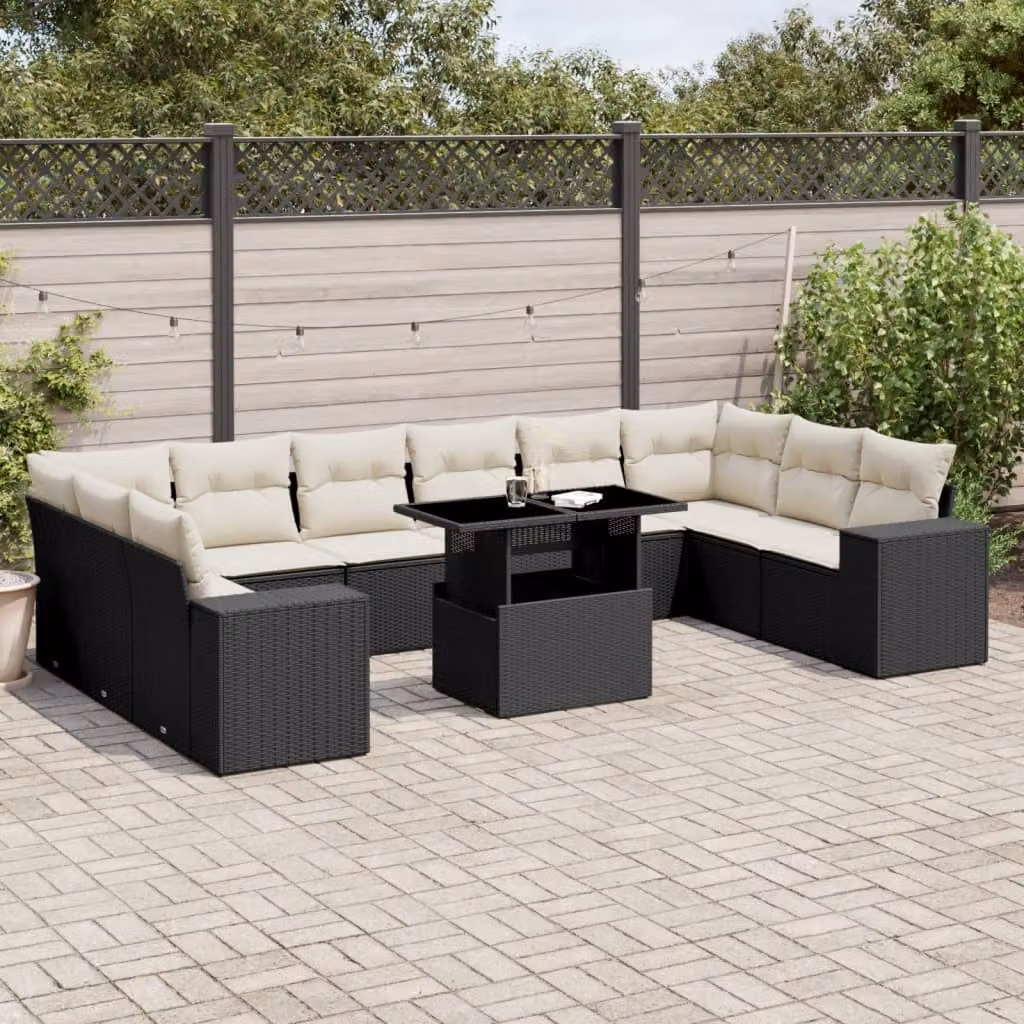 vidaXL Set Divani da Giardino 11 pz in Polyrattan Nero con Cuscini e Tavolino da Esterno – 1