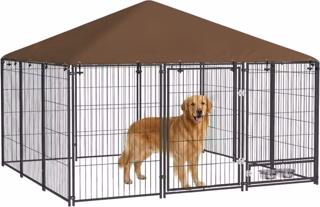 Recinto per Cani in Metallo e Tessuto Oxford con Porticina per Ciotole, 211x211x151 cm, Nero e Marrone