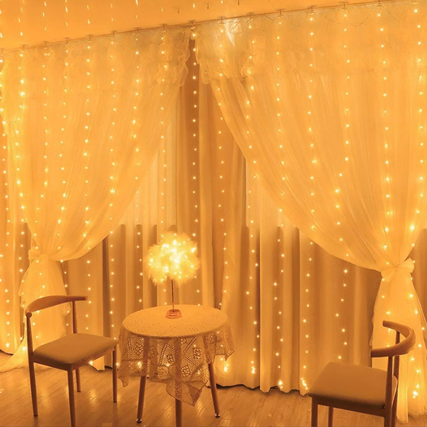 Tenda luminosa, dimensioni 2x2 metri, 200 LED a luce calda, con 10 ganci