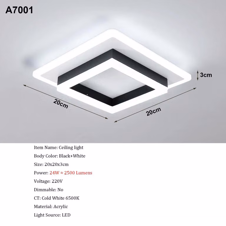Pannello LED quadrato - Modello A7001 - Materiale: acrilico - Temperatura di colore: 6500 K (bianco freddo) - Tensione: 220 V - Montaggio a soffitto - Non dimmerabile - Colore: bianco