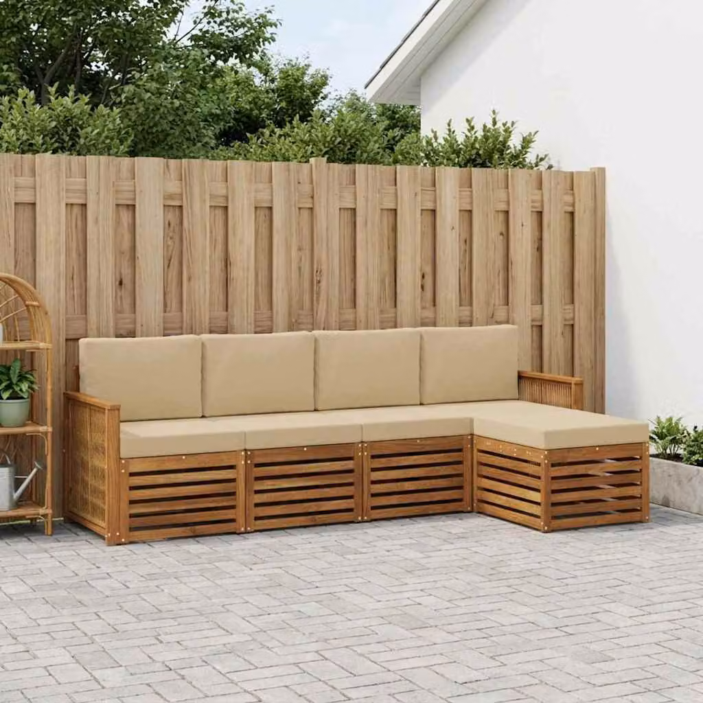 Set di divani da esterno vidaXL a forma di L in legno di acacia con pouf e cuscini, colore beige e marrone