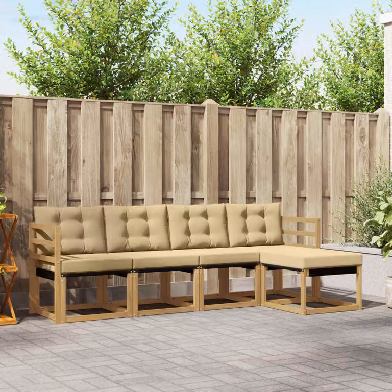 vidaXL Set di divani da esterno a L in legno di acacia con pouf e cuscini, Bianco e Beige