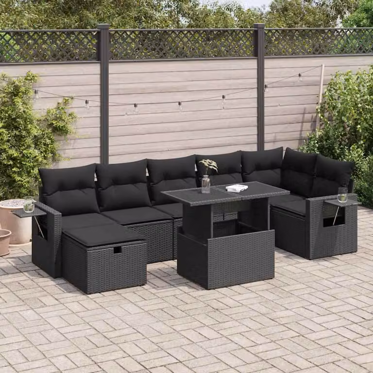 Set Divano da Giardino a L vidaXL in Polyrattan Nero con 8 Cuscini e Tavolino da Esterno