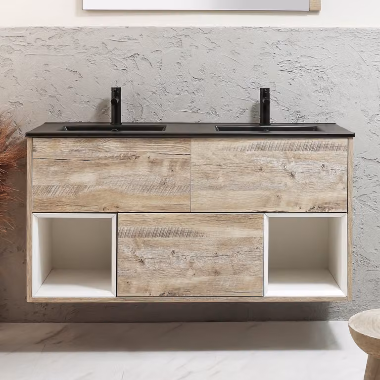 Mobile Bagno Sospeso con Ripiano Aperto in Rovere Chiaro da 1212mm con Lavabo Color Grafite - Hoxton