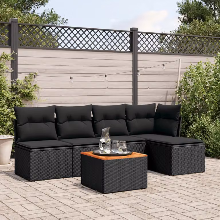 Set Divano da Giardino vidaXL 6 pz in Polyrattan con Cuscini e Tavolino, Design Moderno a L, Colore Nero e Marrone