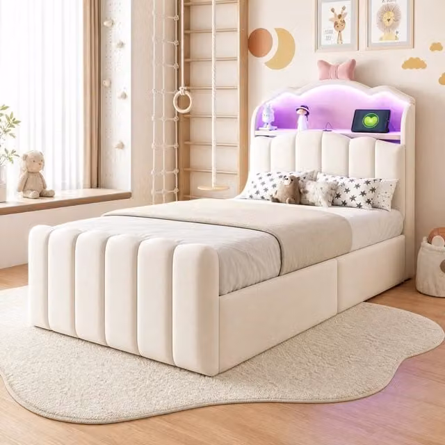 Letto 90x200 cm con contenitore; LED e porte USB e USB-C in velluto beige