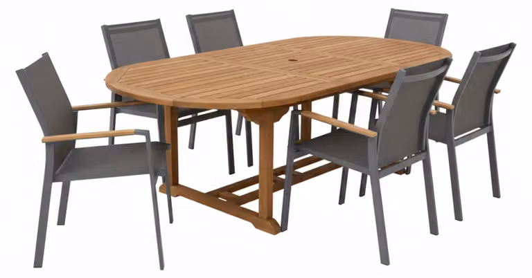 AXI Marzi/Alva Set da giardino, 7 pezzi per 6 persone | Set da pranzo in teak con tavolo da giardino ovale allungabile | Con 6 sedie con struttura in alluminio e seduta a rete | Per esterni