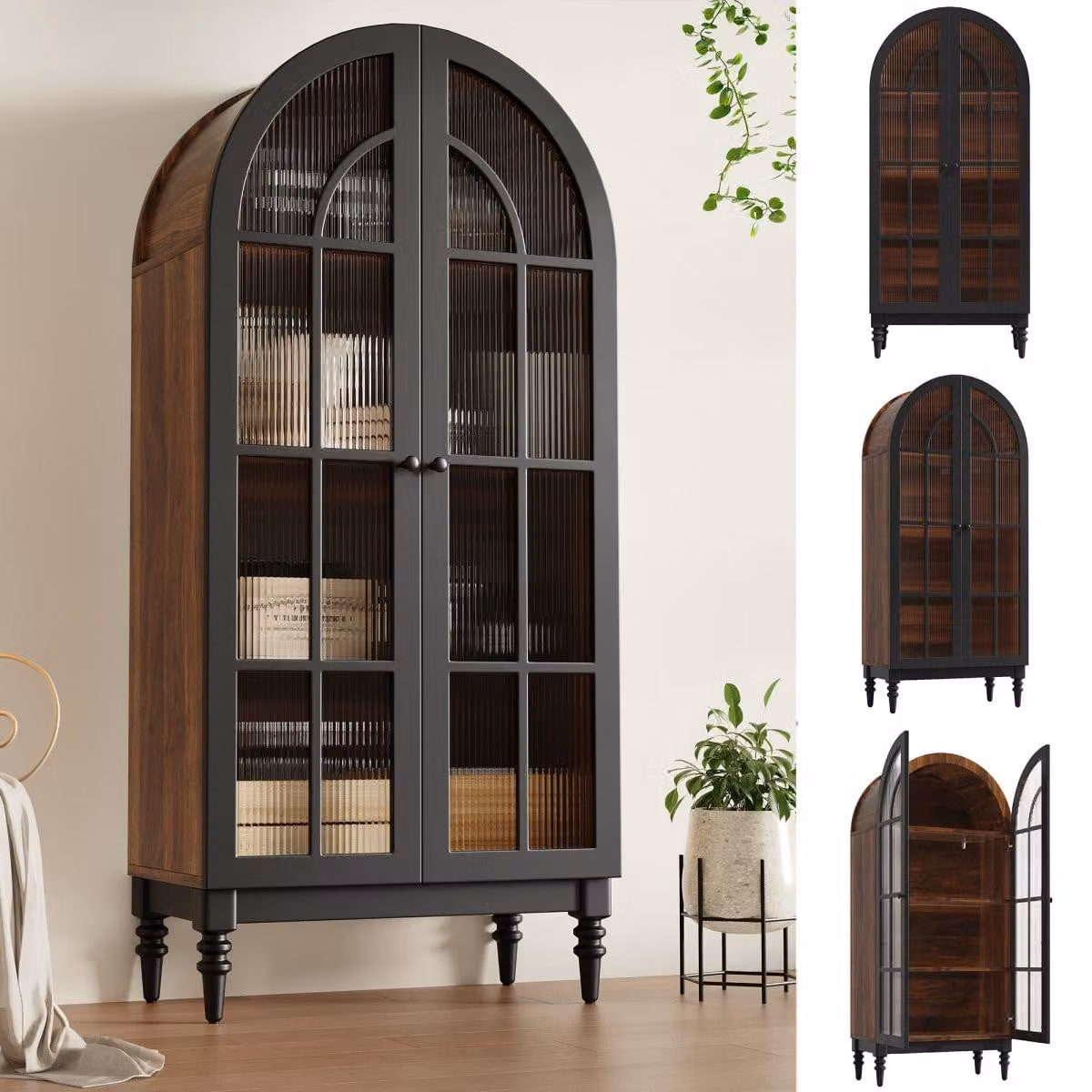 Armadio a vetrina ad arco, con ante in vetro, colore nero, dimensioni 76x38,5x165 cm