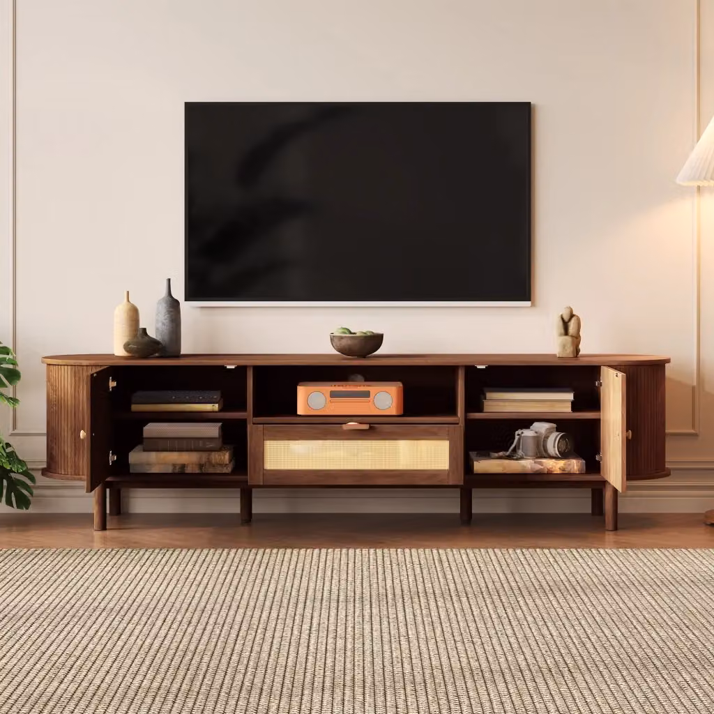 Mobile TV Mivray con struttura curva, ante semicircolari, cassetti e vano aperto in MDF color noce, L: 175 cm, P: 36 cm, H: 51 cm – 2