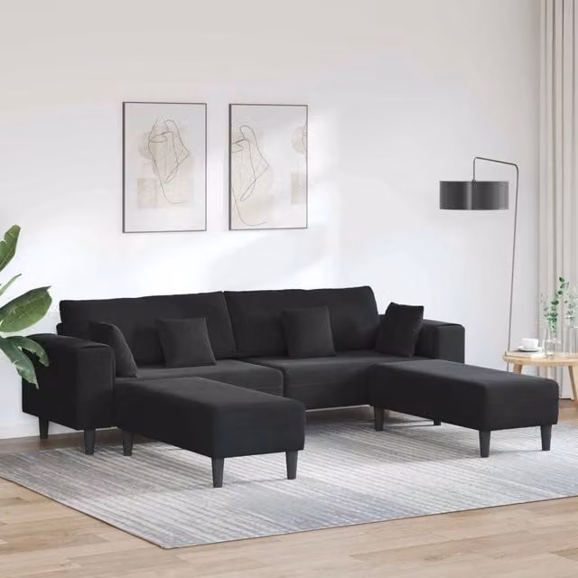 Divano moderno vidaXL in velluto nero con cuscini, L: 250 cm, P: 188 cm, H: 76 cm