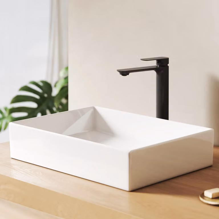 Lavabo da appoggio EMKE 505/510x370 mm rettangolare con curve dolci, ceramica bianca lucida, senza foro per rubinetto e troppopieno, design moderno