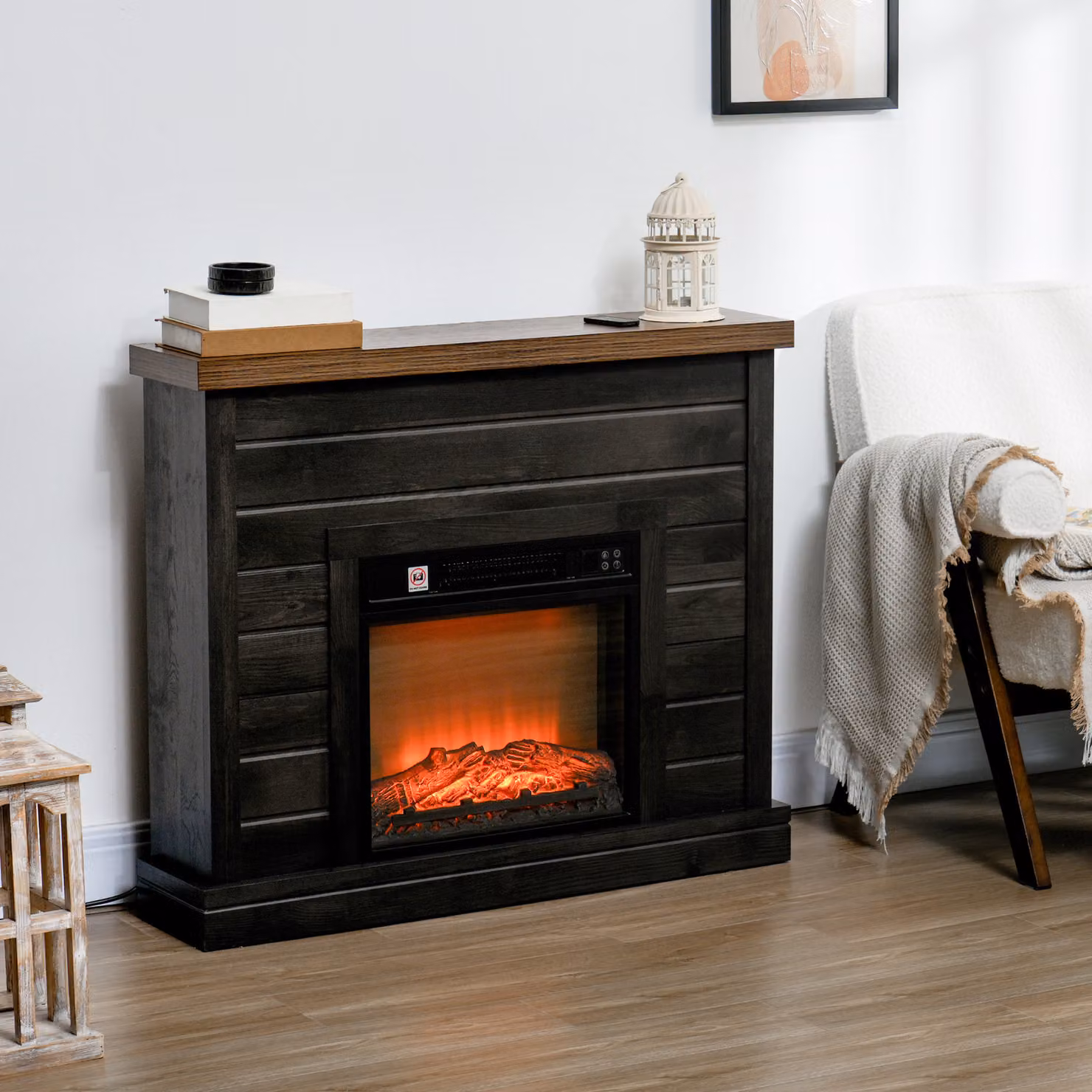 Camino Elettrico HOMCOM da 1800W con Effetto Fiamma e Telecomando, Grigio Scuro, L: 96.5 cm, P: 22 cm, H: 81.7 cm – 2