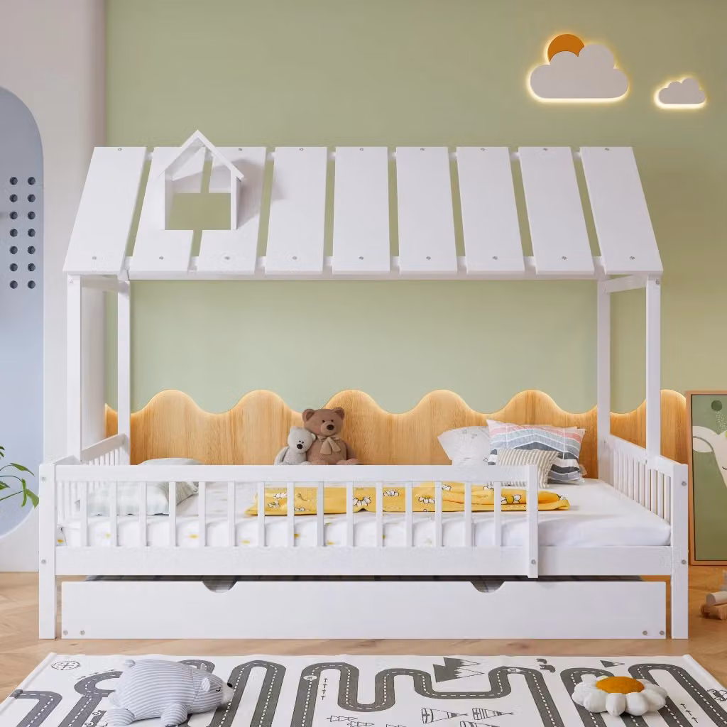 Letto per bambini in stile scandinavo con struttura a casetta in legno e MDF, colore bianco laccato, L/P/H: 200 x 120 x 169 cm – 2