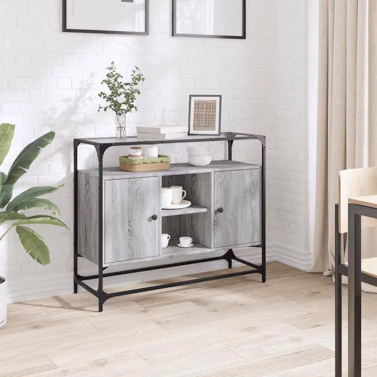 Credenza vidaXL con piano in vetro, colore grigio Sonoma, in legno multistrato e metallo, L 98 cm x P 35 cm x H 81 cm
