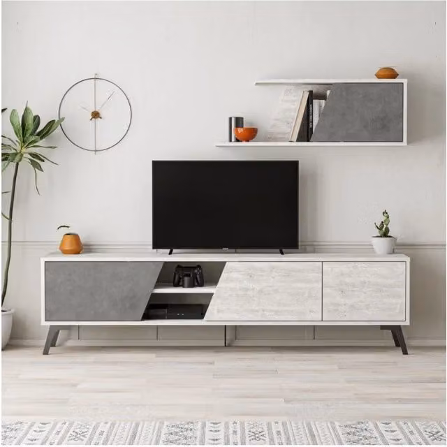 Mobile porta Tv Fiona 180X35,6X48 con mensola a parete colore bianco vintage cemento
