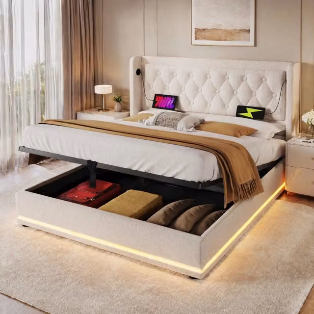 Letto matrimoniale imbottito 140 × 200 cm contenitore in cotone beige con testiera USB Type-C e LED