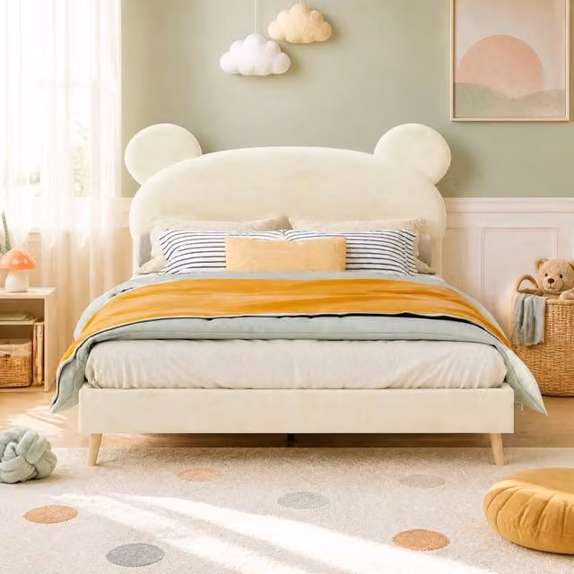 Letto per bambini 140x200 cm con testiera imbottita a orecchie d’orso e materasso a molle; beige