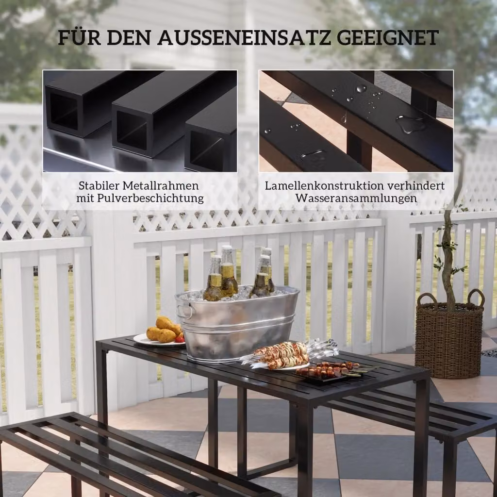 Set da 3 pezzi REDOM composto da tavolo rettangolare e 2 panche in metallo nero opaco L: 110 cm, P: 55 cm, H: 70 cm