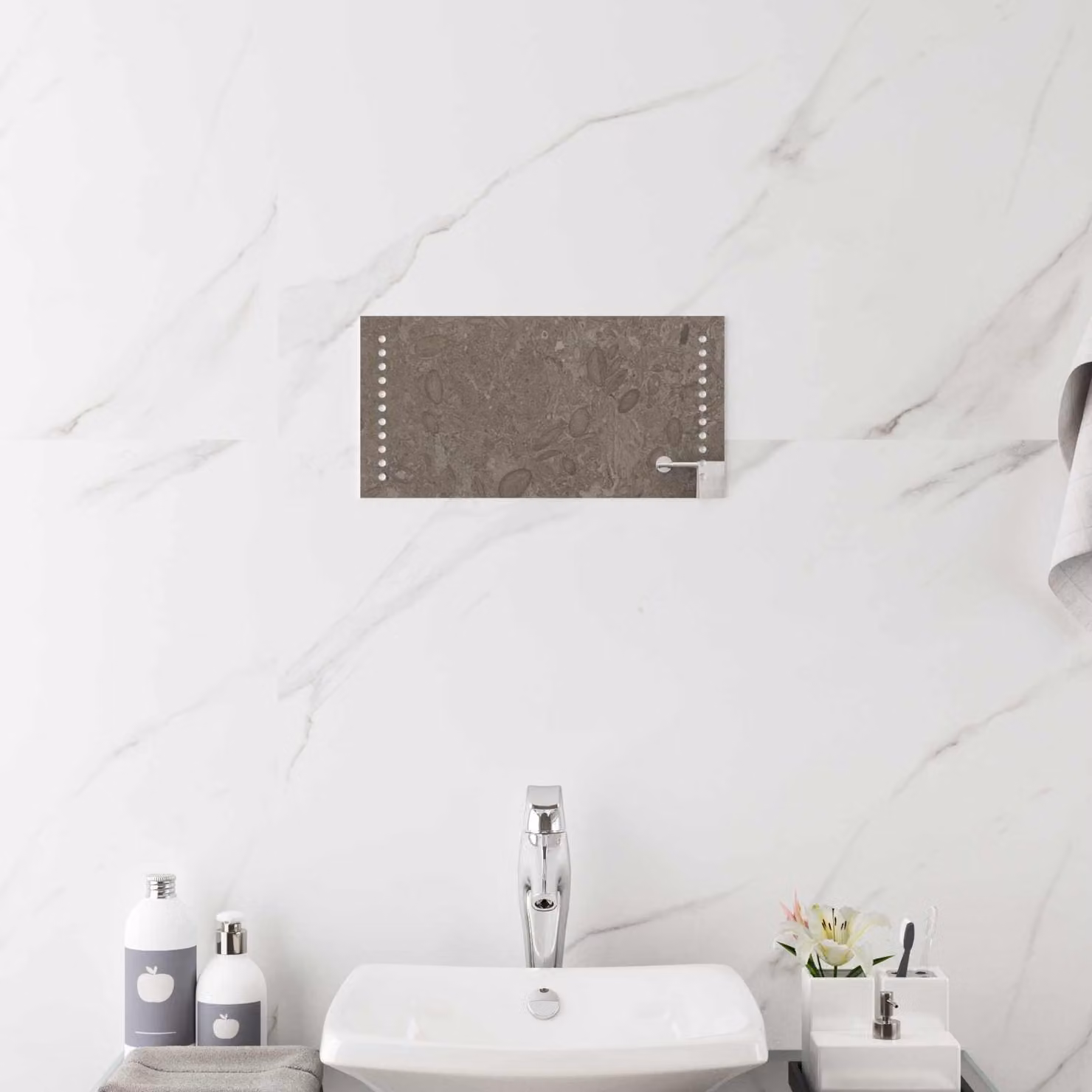 Specchio da bagno vidaXL con luce LED, design minimalista rettangolare in vetro temperato, colore trasparente/grigio, L: 40 cm x H: 20 cm