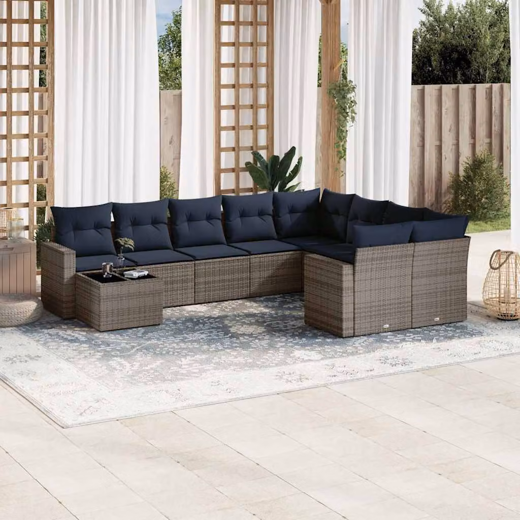 Set di divani da giardino vidaXL in polyrattan grigio con cuscini, tavolino e sedute a L per 10 persone