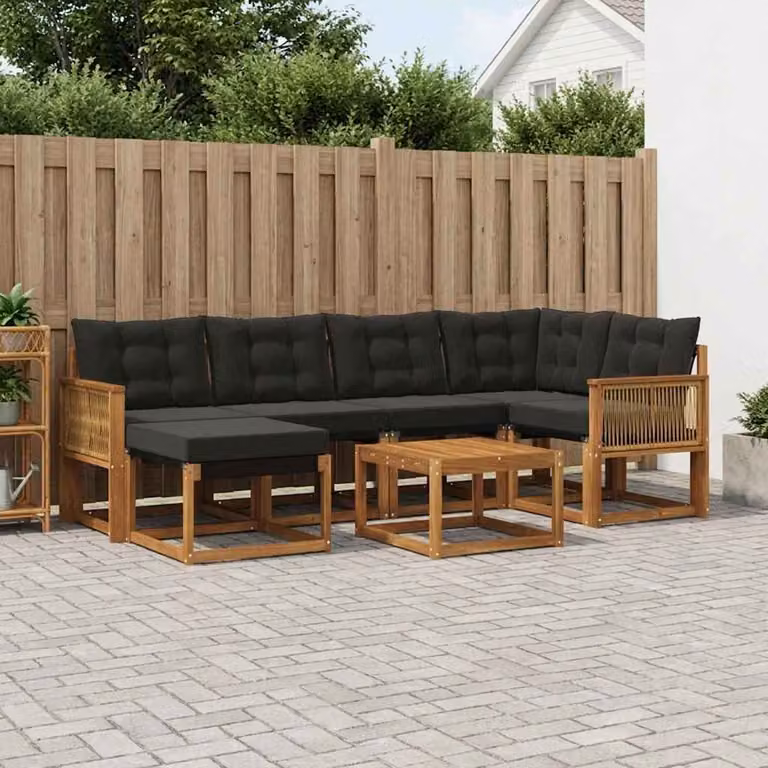 Set di divani da esterno vidaXL 7 pz in legno di acacia con cuscini e tavolino, colore marrone e nero
