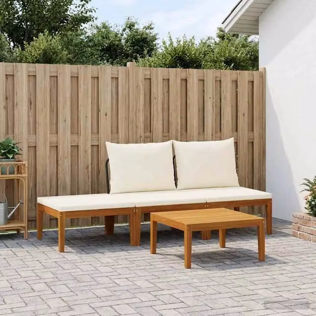 Set da giardino vidaXL in legno di acacia con divano a 2 posti, tavolino da caffè e pouf, colore beige e bianco con cuscini inclusi