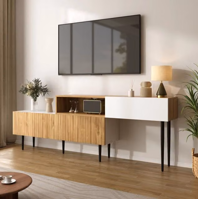 Mobile TV modulare MODFU bianco effetto legno con struttura in MDF e metallo per soggiorno o camera da letto