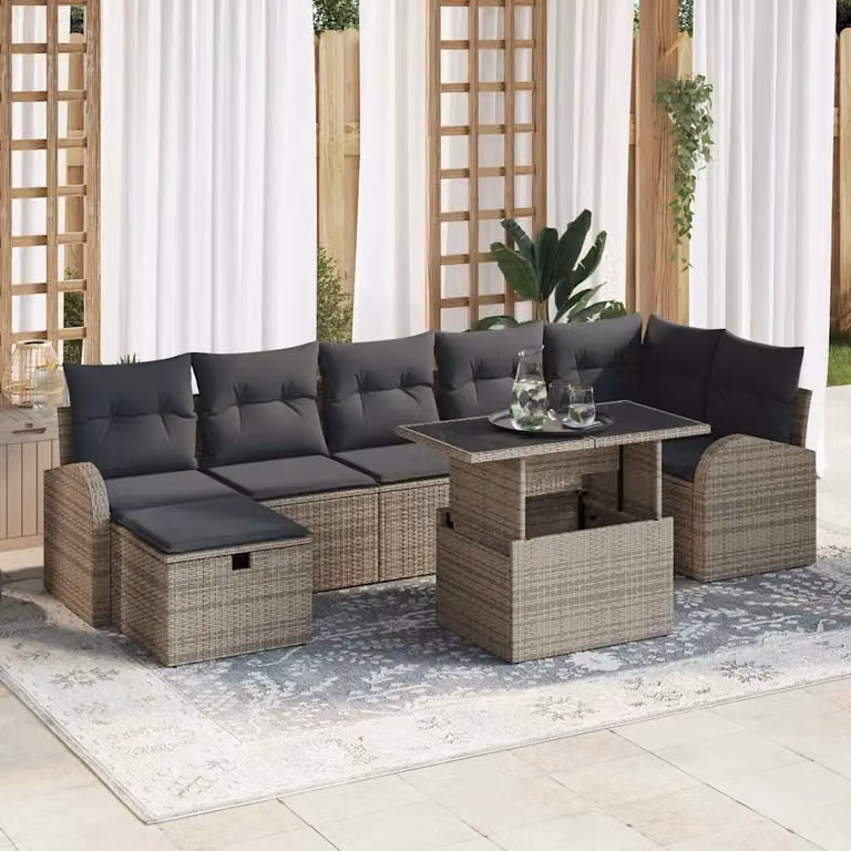 Set Divano da Giardino a L vidaXL 8 Pezzi in Polyrattan Grigio con Cuscini e Tavolino da Esterno
