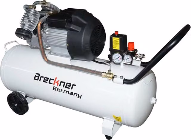 Compressore d'aria Breckner Germany da 100 litri con motore a V a 2 cilindri da 2,2 kW/3 CV, pressione massima 8 bar e volume d'aria aspirata 425 l/min, colore bianco