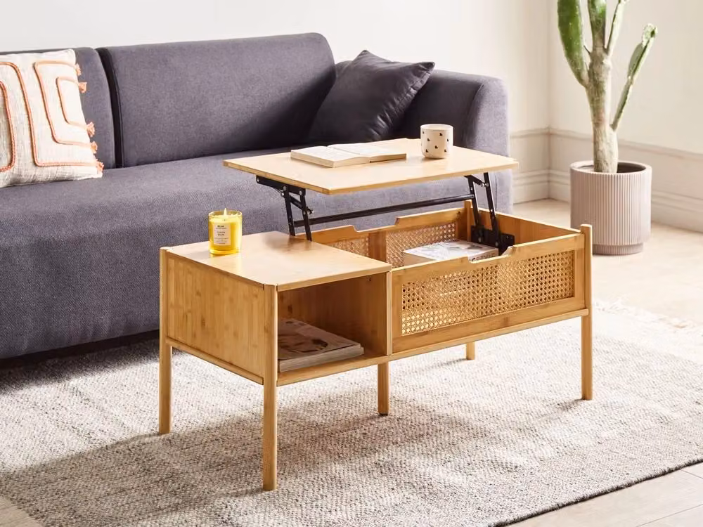 Tavolino da caffè rettangolare BELIANI in bambù e rattan beige con stile boho per il tuo soggiorno L: 99 cm, P: 48 cm, H: 43 cm – 2