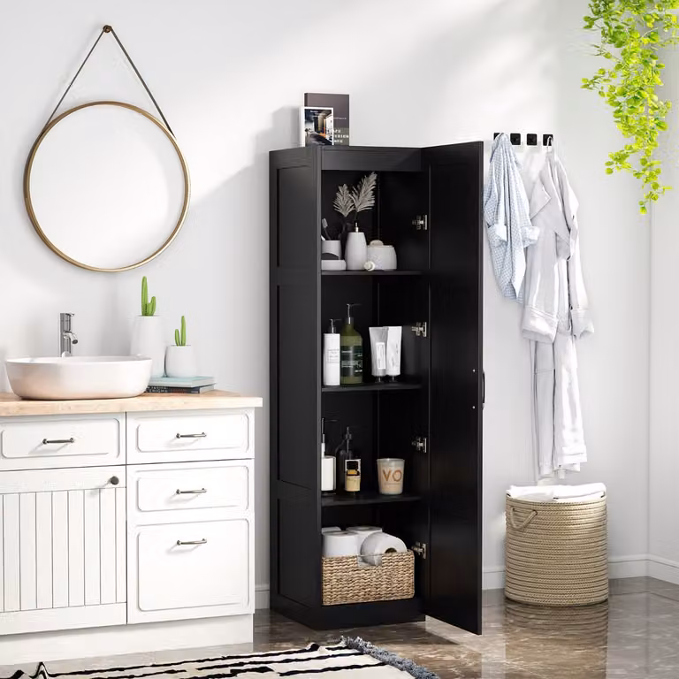 Costway Mobile da terra indipendente con 4 ripiani e ante, Credenza moderna in MDF per cucina, soggiorno o bagno, Nero, L: 150 cm, P: 40 cm, H: 37,5 cm