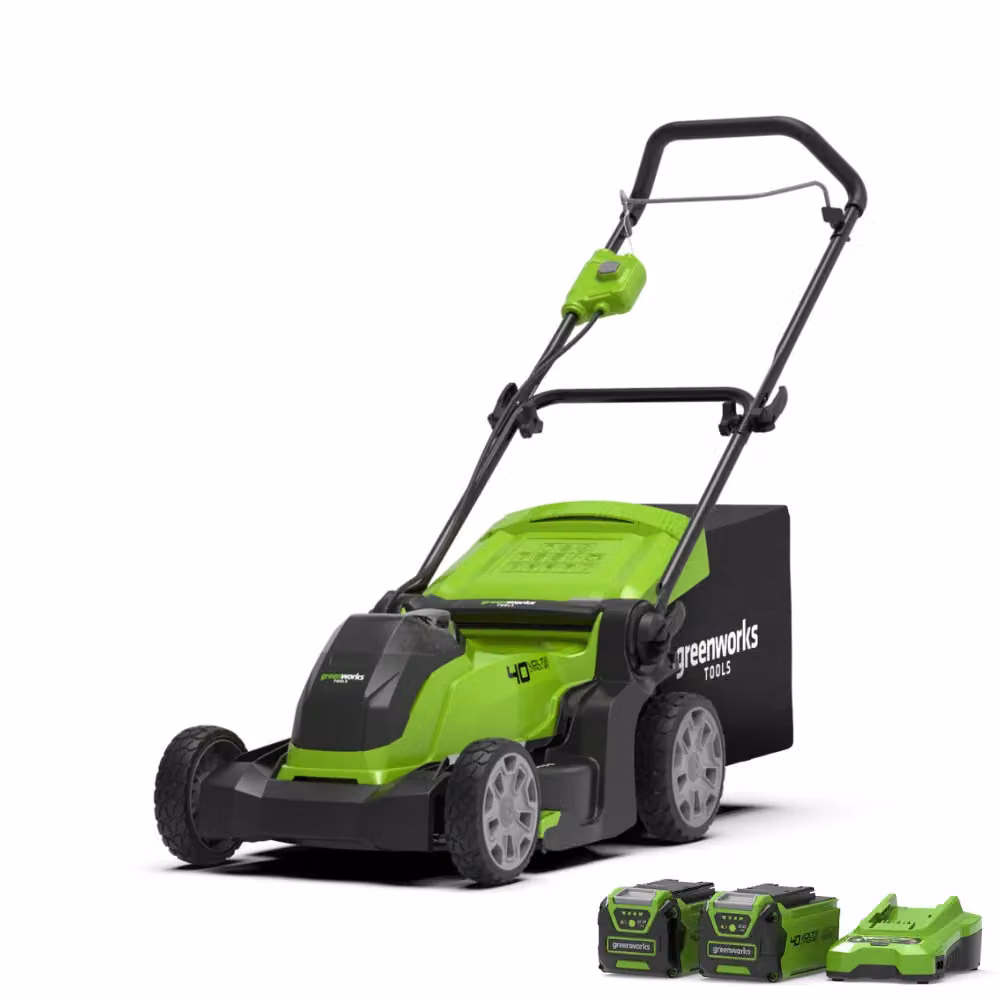 Rasaerba Greenworks 40V verde con 2 batterie ricaricabili da 2Ah e kit mulching