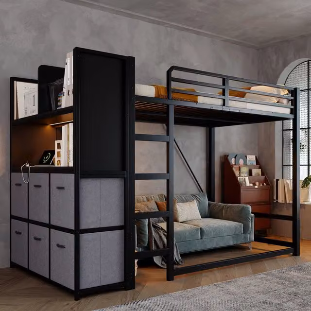 Letto a soppalco 120 x 200 cm in metallo nero con scala; contenitori; illuminazione e prese USB