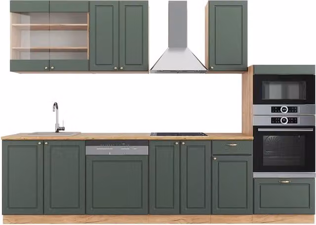 Cucina componibile Fame-Line Verde-oro rustico/Rovere dorato 300 cm con armadio alto, PL Rovere Vicco
