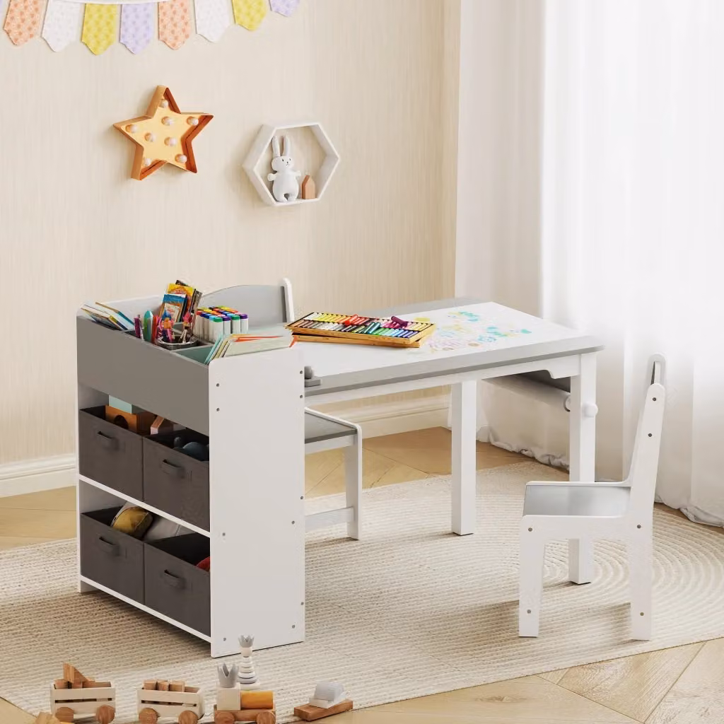 Set Tavolo e 2 Sedie per Bambini Giordanoshop con Vani Contenitore in Legno e Tessuto Grigio e Bianco L: 102,5 cm, P: 58 cm, H: 64 cm – 2