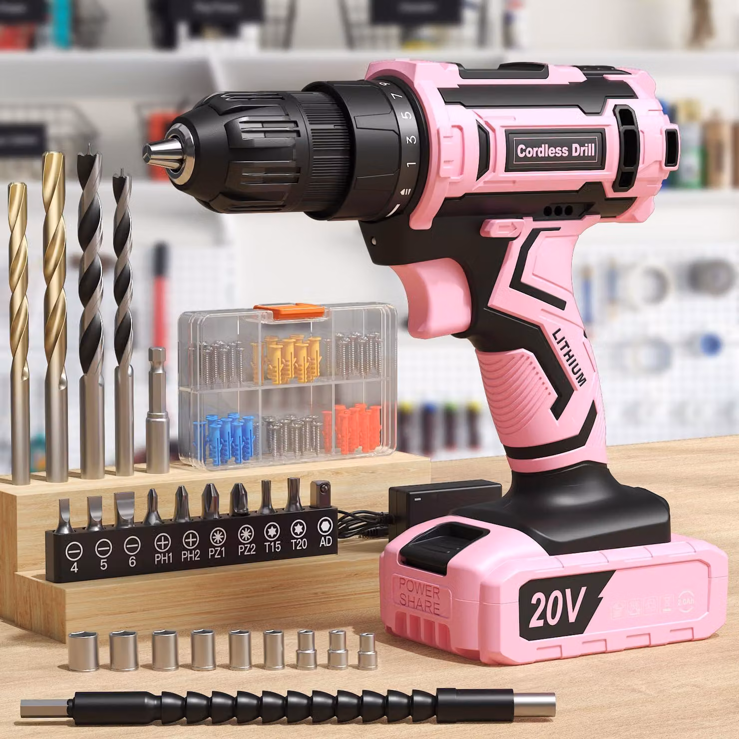 Trapano avvitatore a batteria da 20 V - Set di accessori da 85 pezzi - Coppia di serraggio di 42 Nm - Mandrino da 10 mm - Colore rosa