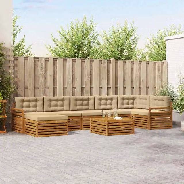 Set di divani da esterno a L vidaXL composto da 8 pezzi in legno di acacia con cuscini beige e marrone – 1