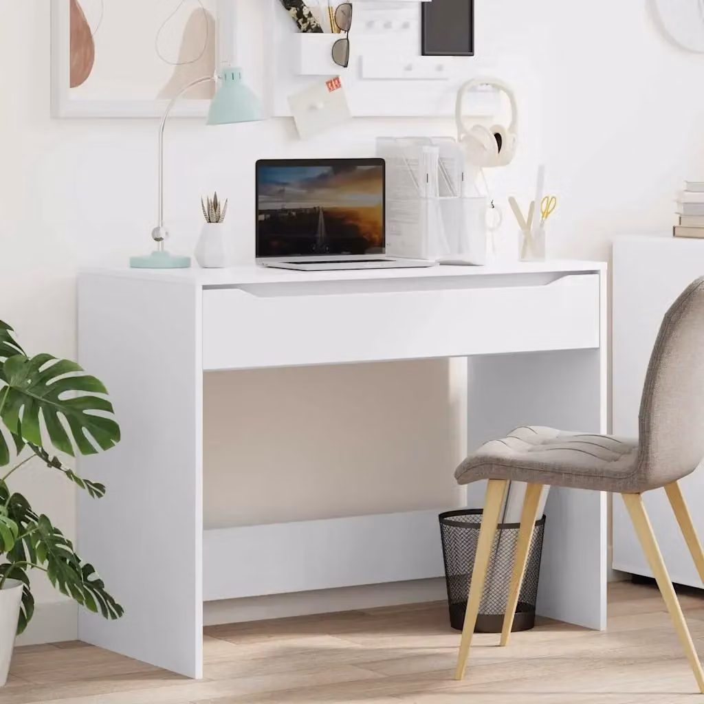 Scrivania da ufficio minimalista bianca con cassettiera in MDF laminato L 100 cm, P 50 cm, H 78 cm – 2