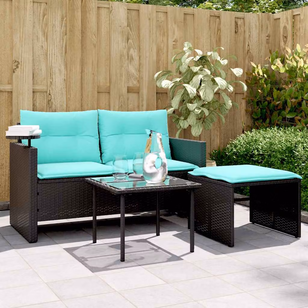 Set da giardino vidaXL composto da divano a 2 posti, pouf e tavolino da caffè in polyrattan nero con cuscini turchesi e struttura in metallo