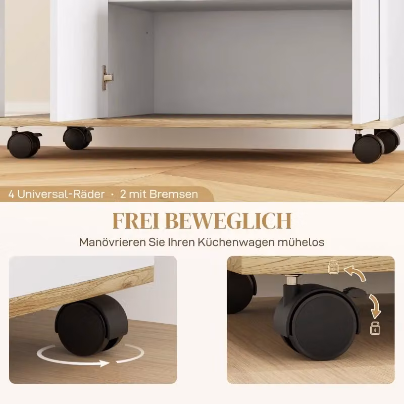 Carrello da cucina OKWISH in legno bianco con ripiano regolabile, 2 ante e vani aperti, L 80 cm x P 40 cm x H 82 cm – 2