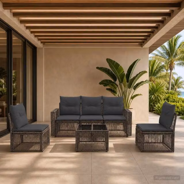 Set da giardino vidaXL composto da divano a 3 posti, poltrone e tavolino con cuscini in tessuto, colore grigio e antracite – 1